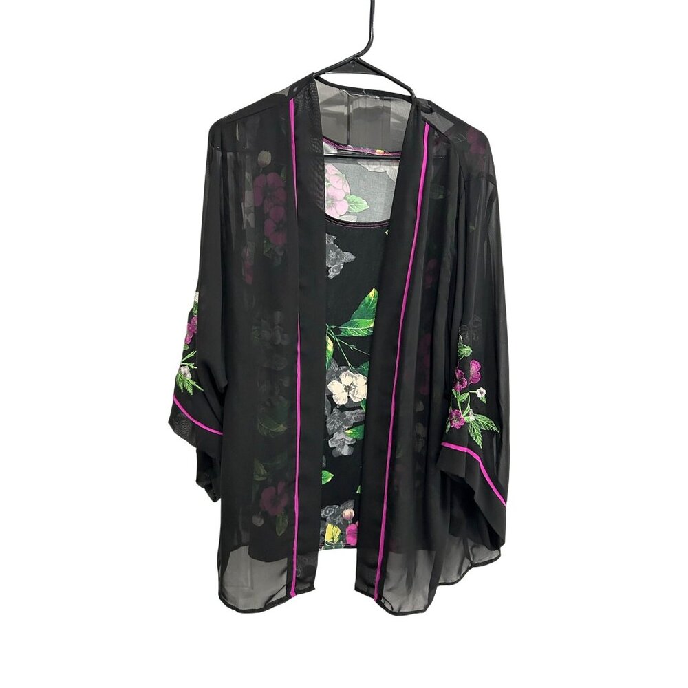 Antthony Designs Originals Floral Embroidered Sheer Black Kimono with Tank Top